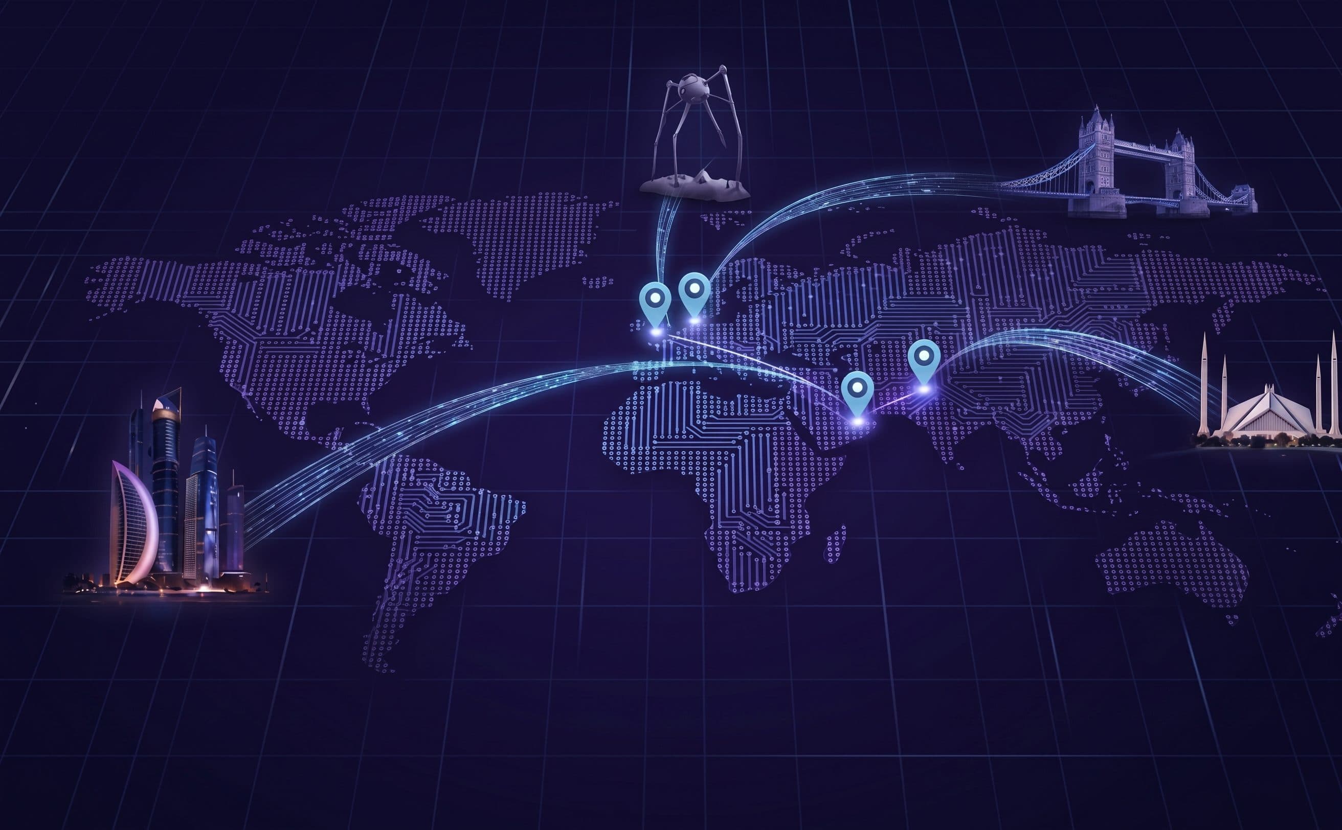 Illustration of a global network connecting SJ Dev Technologies' distributed team